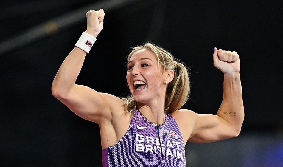 Britain's Molly Caudery celebrates as she competes in the Women's Pole Vault final during the Indoor World Athletics Championships in Glasgow, Scotland, on March 2, 2024. (Photo by Ben Stansall / AFP) (Photo by BEN STANSALL/AFP via Getty Images)