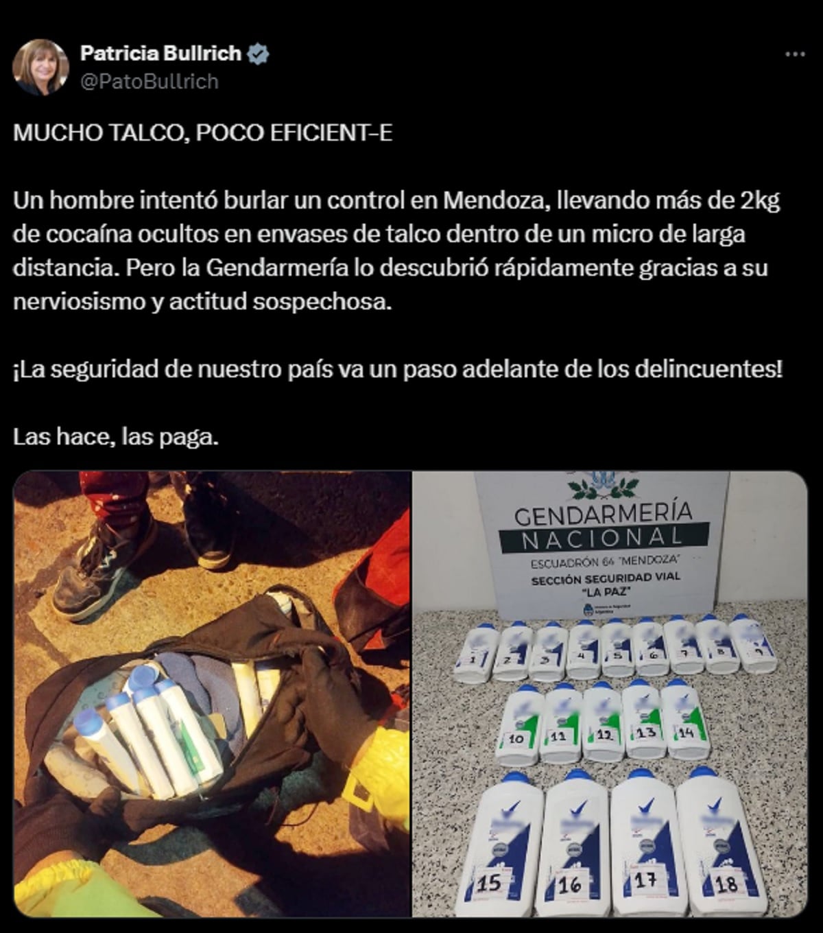 Patricia Bullrich: celebró el  decomiso de cocaína, pero resultó ser talco para pies. (Foto: Twitter Patricia Bullrich)