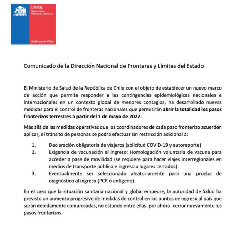 Argentina y Chile abrirán todos sus pasos fronterizos a partir de mayo.