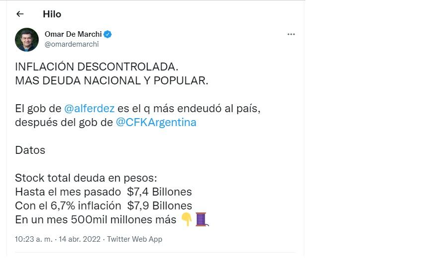 La deuda público se descontroló, según De Marchi.