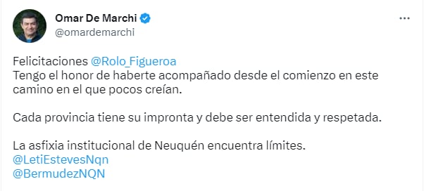 Omar De Marchi felicitó a Rolo Figueroa por el triunfo en Neuquén.