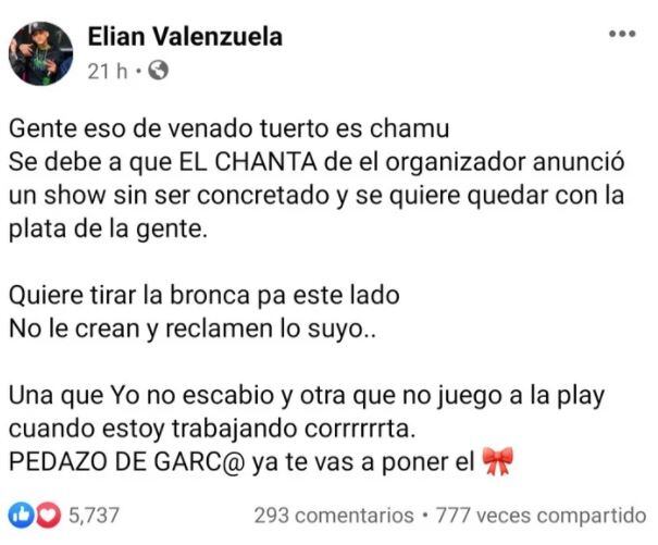 El descargo de L-Gante en su cuenta de Facebook. (Captura / Facebook Elian Valenzuela).