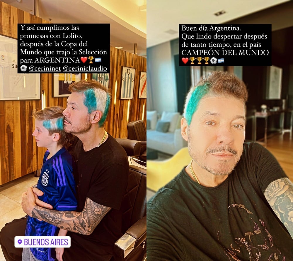 Promesa cumplida: Marcelo Tinelli se tiñó una bandera argentina en el pelo junto a su hijo. (Instagram).