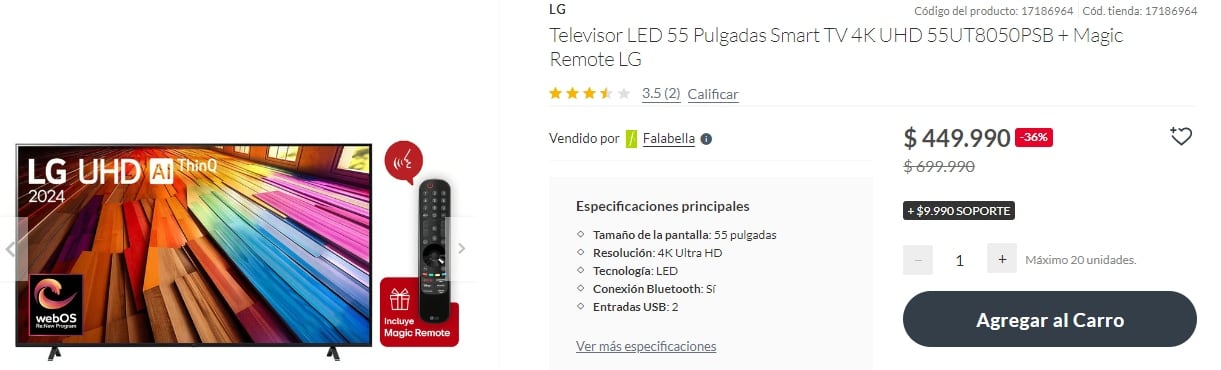 Un televisor LG LED 55 pulgadas Smart TV 4K UHD se encuentra a $449.990 chilenos, con un 36% de descuento.