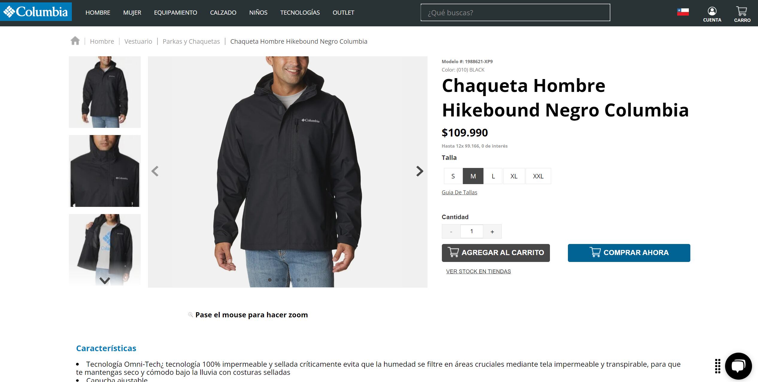 Campera Columbia para hombre, precio Chile.