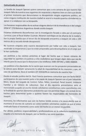 La carta completa. Gentileza: cba24n.com.ar