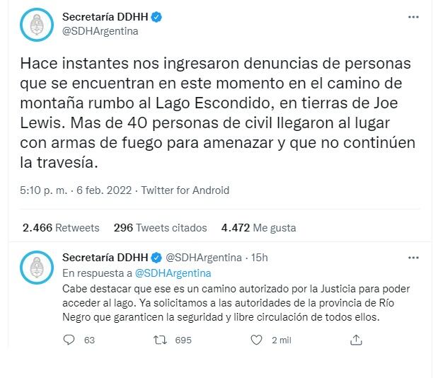 El comunicado de la Secretaría de Derechos Humanos de la Nación sobre lo ocurrido en Lago Escondido