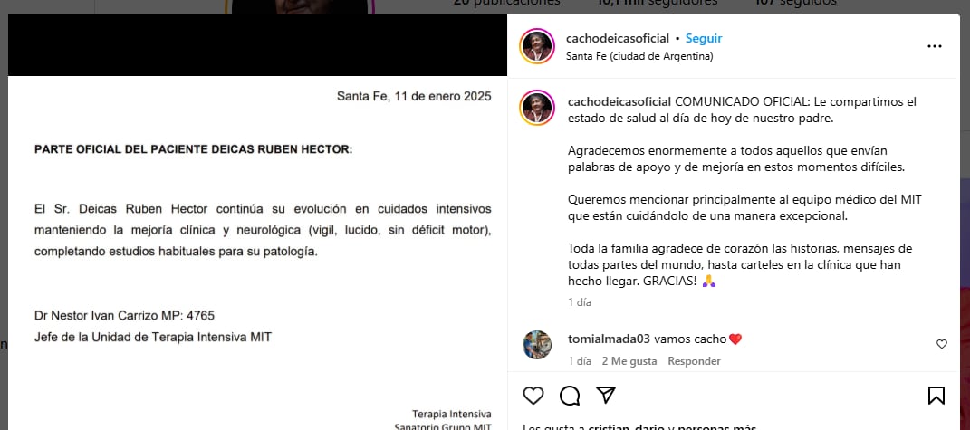 El nuevo parte médico de Cacho Deicas, cantante de Los Palmeras