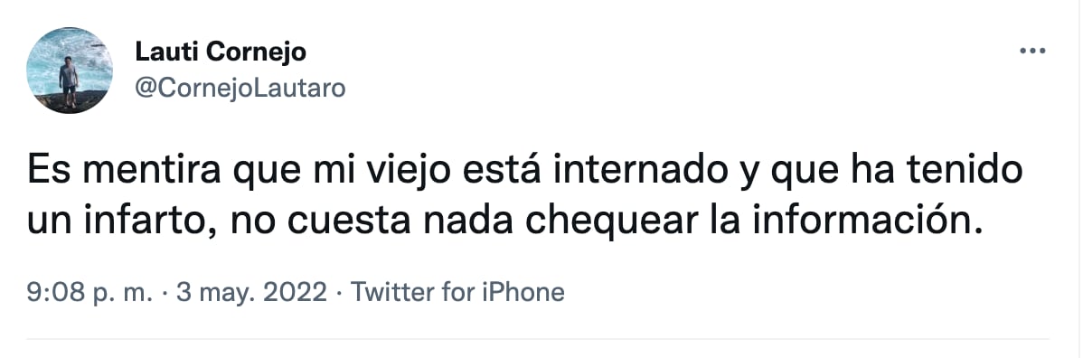 Lautaro, hijo de Alfredo Cornejo, compartió un mensaje en redes para desmentir problemas de salud de su padre.