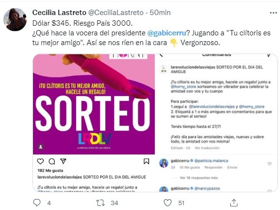 Indignación en redes por Gabriela Cerruti participando del sorteo de un juguete sexual en Instagram (Captura Twitter)