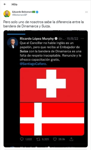 Eduardo Bolsonaro le respondió a Santiago Cafiero, quien lo trató de ignorante, diciéndole que al menos el sabe distinguir la bandera de Suiza con la de Dinamarca.