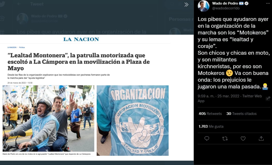 Quiénes son los “Motokeros”, presentes en la marcha del kirchnerismo y defendidos por Wado De Pedro. Foto: Twitter @wadodecorrido