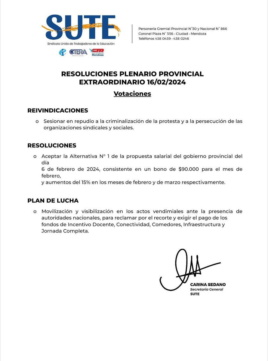 Resoluciones del Plenario Provincial del SUTE de este viernes 16 de febrero.