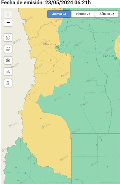 Alerta amarilla por nevadas en Mendoza este jueves 23 de mayo (SMN)