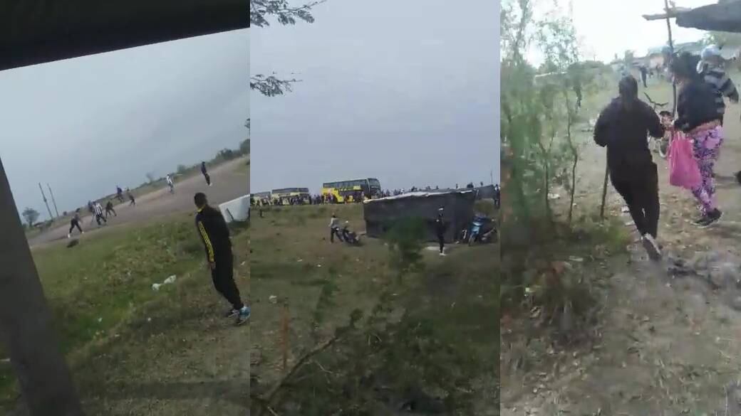 Hinchas de Talleres de Córdoba se enfrentaron a un grupo piquetero en Tacuarendí para seguir viaje por la Ruta Nacional 11 hacia Resistencia, Chaco. Foto: Gentileza