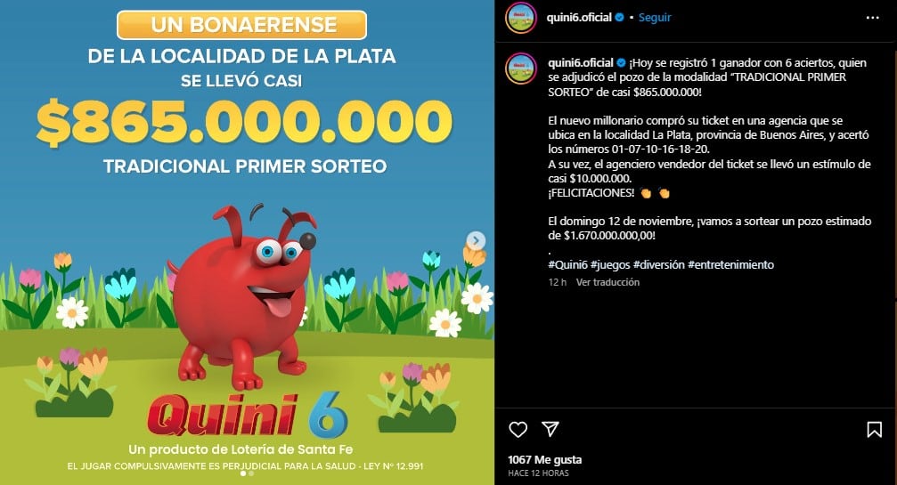 Un platense ganó 865 millones de pesos. 