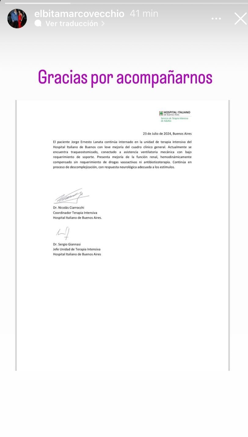 Segundo parte médico oficial sobre la salud de Jorge Lanata. Captura de Instagram.