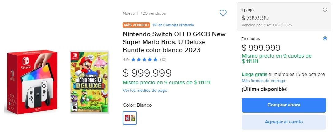 El mismo modelo de la consola junto con un videojuego (New Super Mario Bros. U Deluxe Bundle) tiene un precio de $999.999 argentinos. 