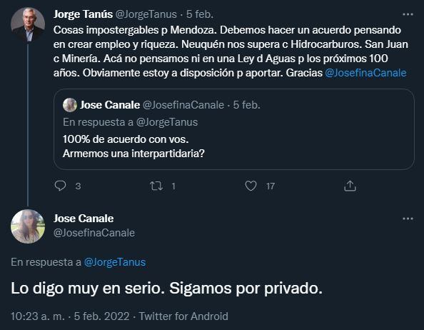 El intercambio en Twitter entre el peronista Jorge Tanús y la oficialista Josefina Canale.