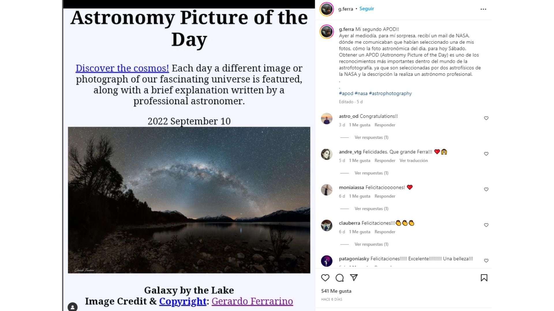 La publicación en Instagram de Gerardo en la cual informa que la Nasa eligió su foto. / Foto: Instagram de Gerardo