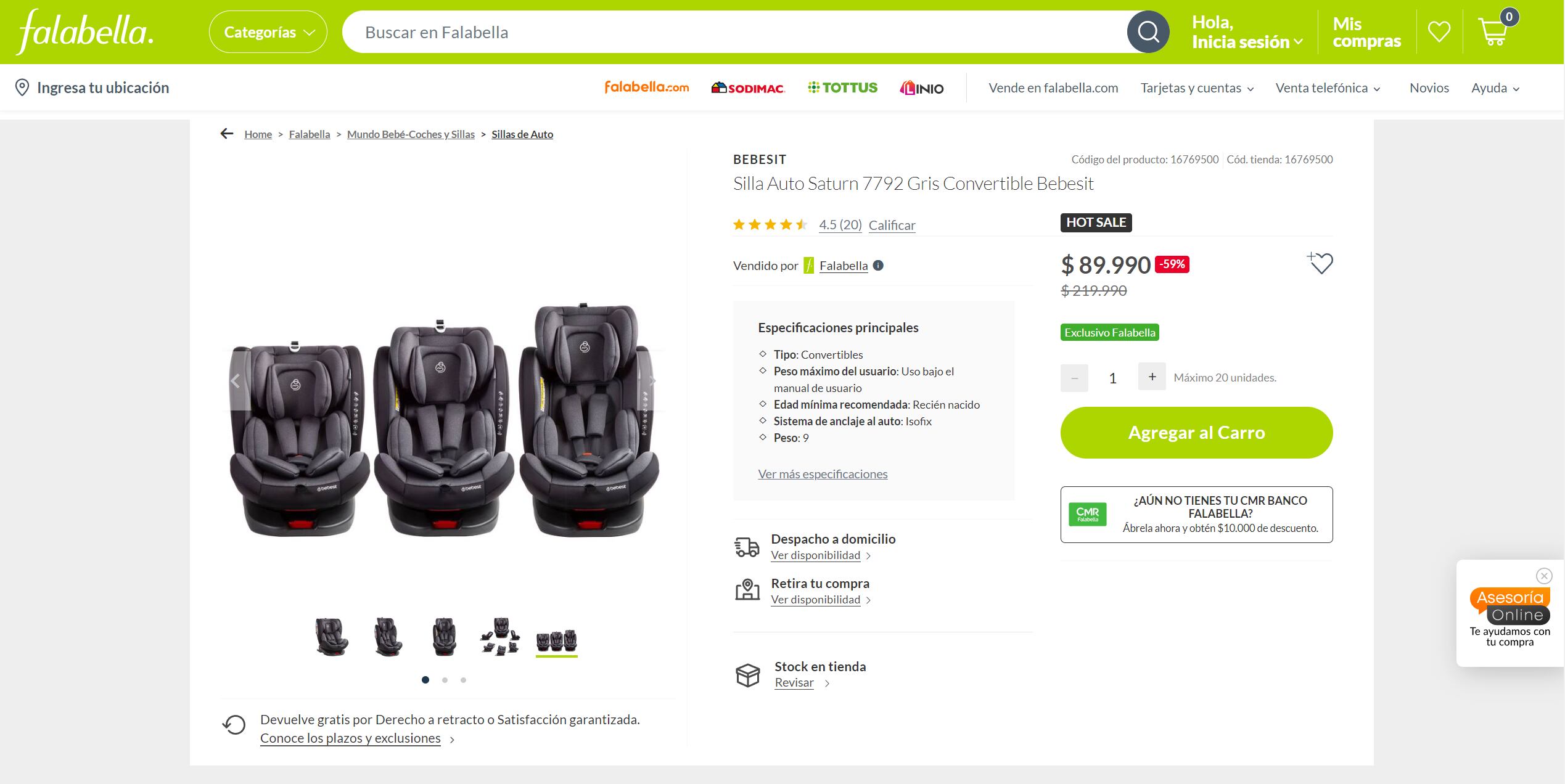 Silla de auto para niños, precio en Chile.