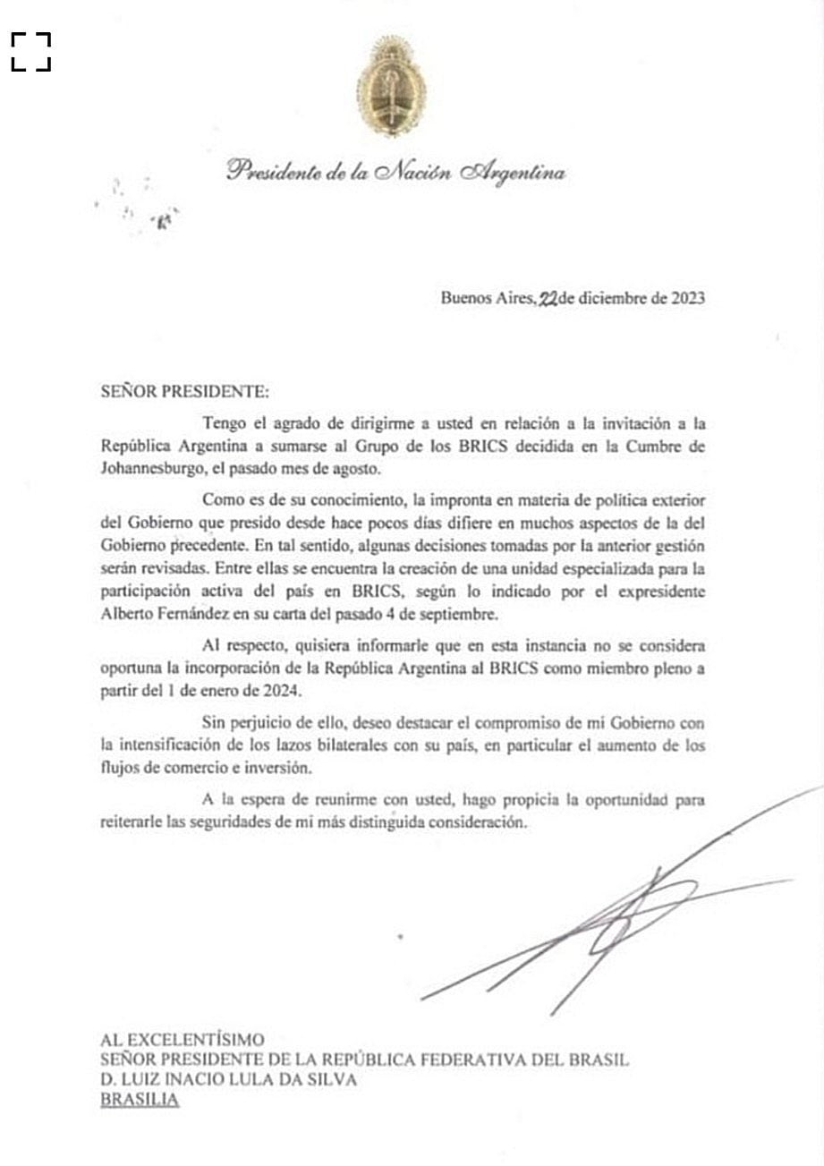 Carta de Javier Milei declinando la invitación para Argentina en los BRICS