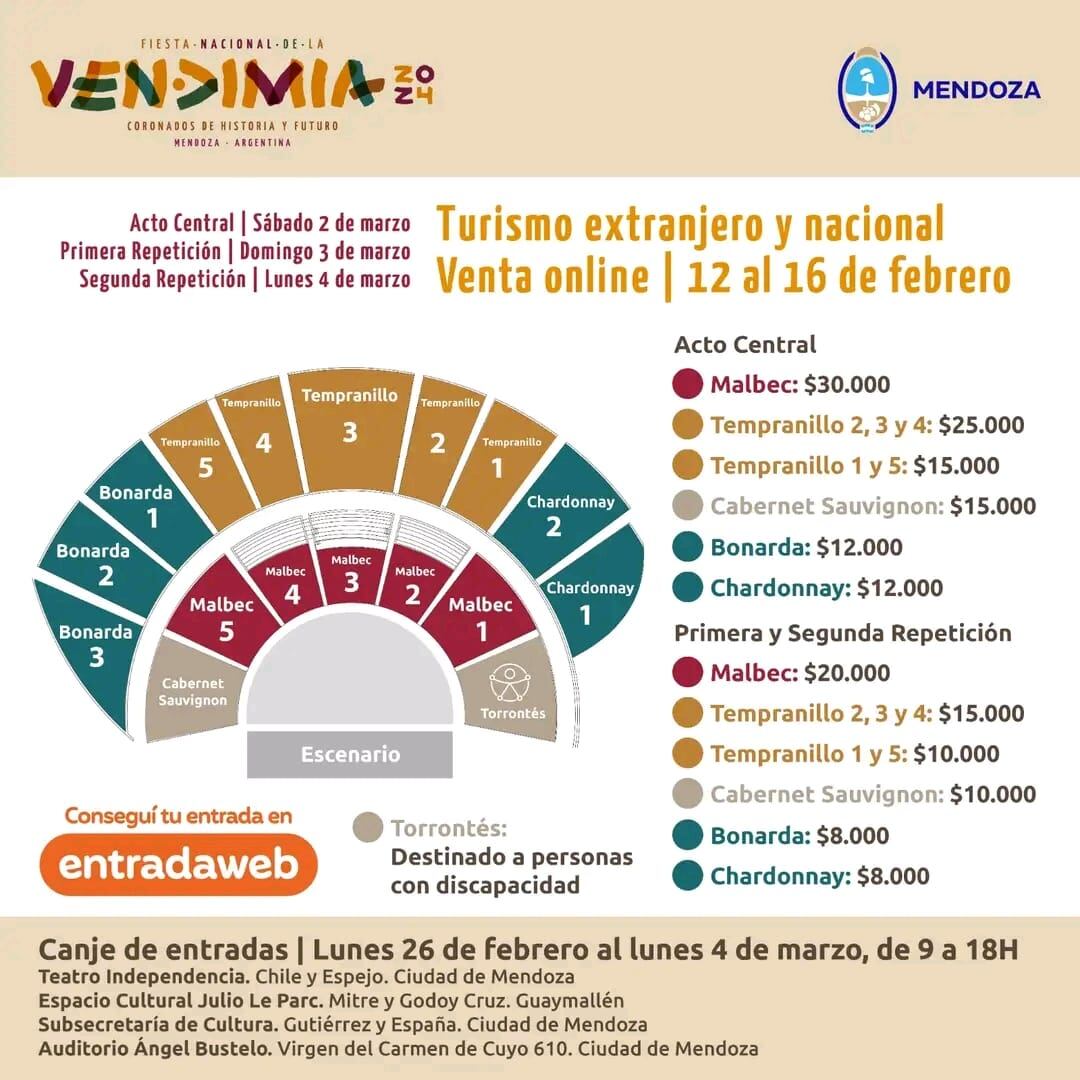 Anunciaron precios y fechas de venta de entradas para turistas para la Fiesta Nacional de la Vendimia.