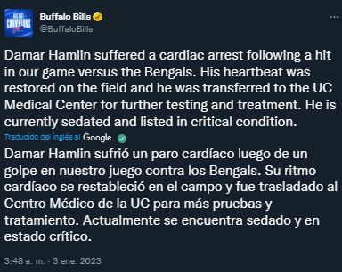 El comunicado de los Buffalo Bills sobre la salud de Damar Hamlin