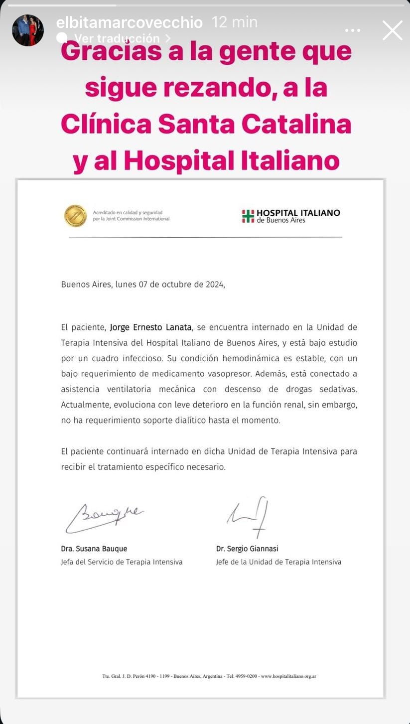 El último parte médico de Jorge Lanata. Captura de Instagram.