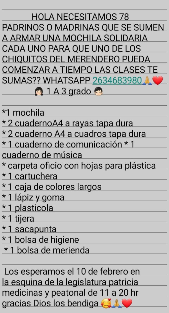 Campaña de padrinos mágicos y solidarios para conseguir una mochila con útiles escolares para casi 400 niños de Junín.