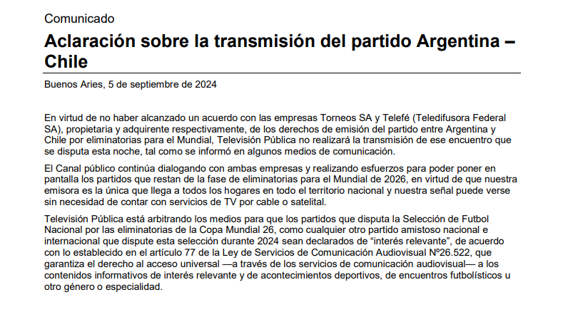 El comunicado de la TV Pública sobre la transmisión de los partidos de la Selección Argentina.