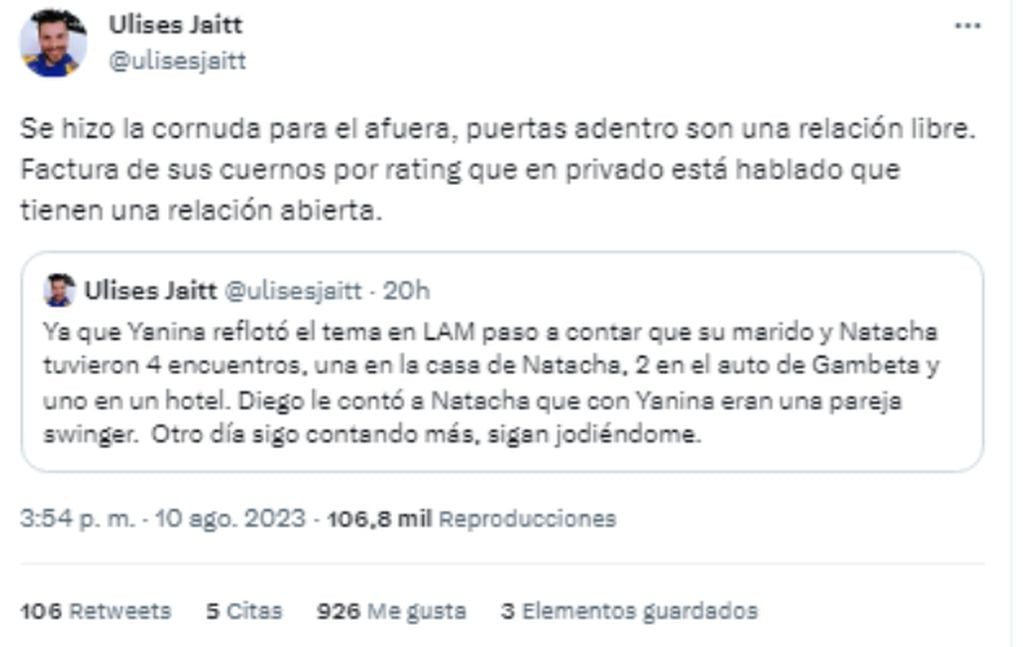 Ulises Jaitt arremetió contra el matrimonio Latorre. (Captura de Twitter)