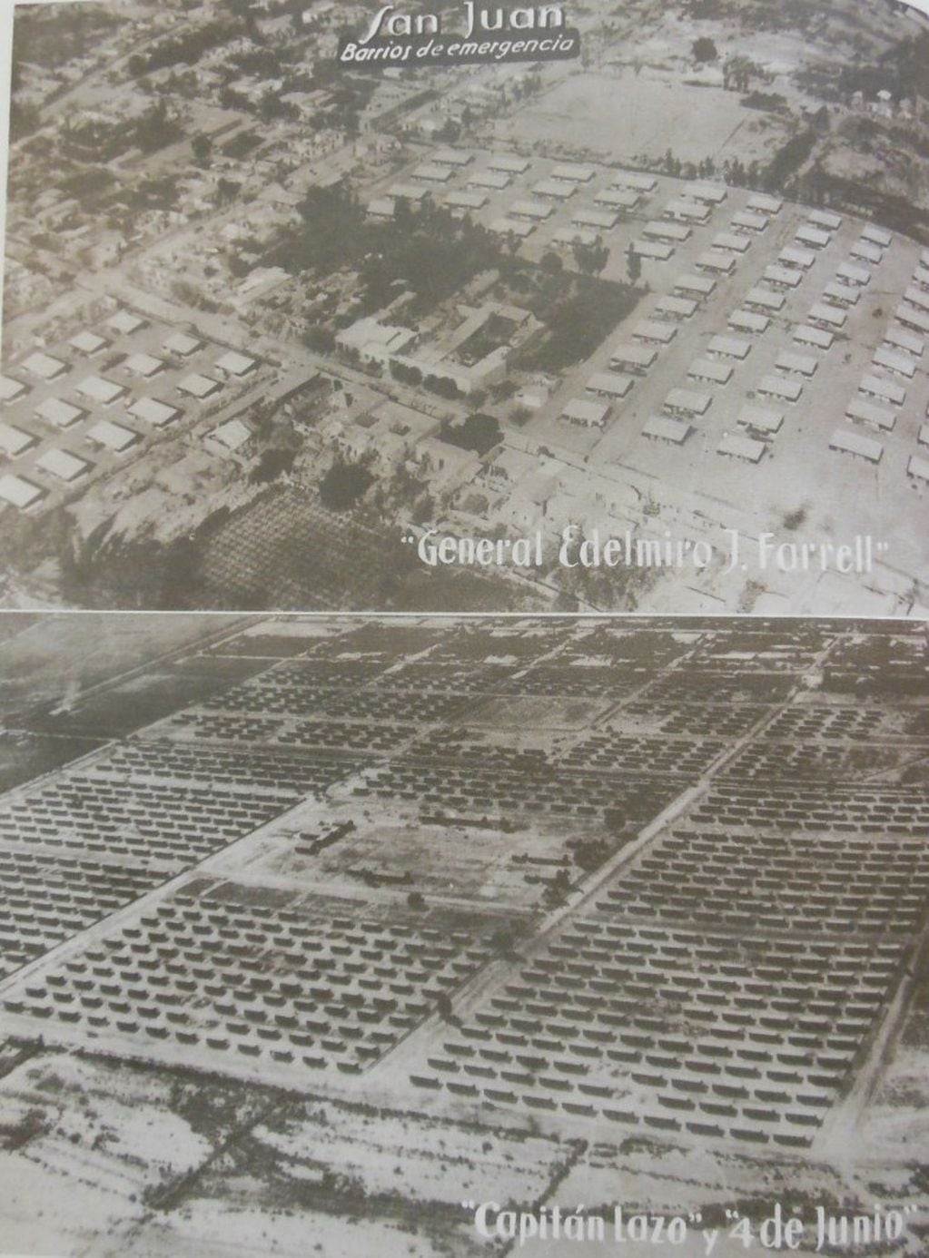 Vista aérea del Barrio Capitán Lazo y 4 de Junio. De 51 hectáreas, con 1493 viviendas. Fuente: Ministerio de Obras Públicas, 1944, p. s/p.