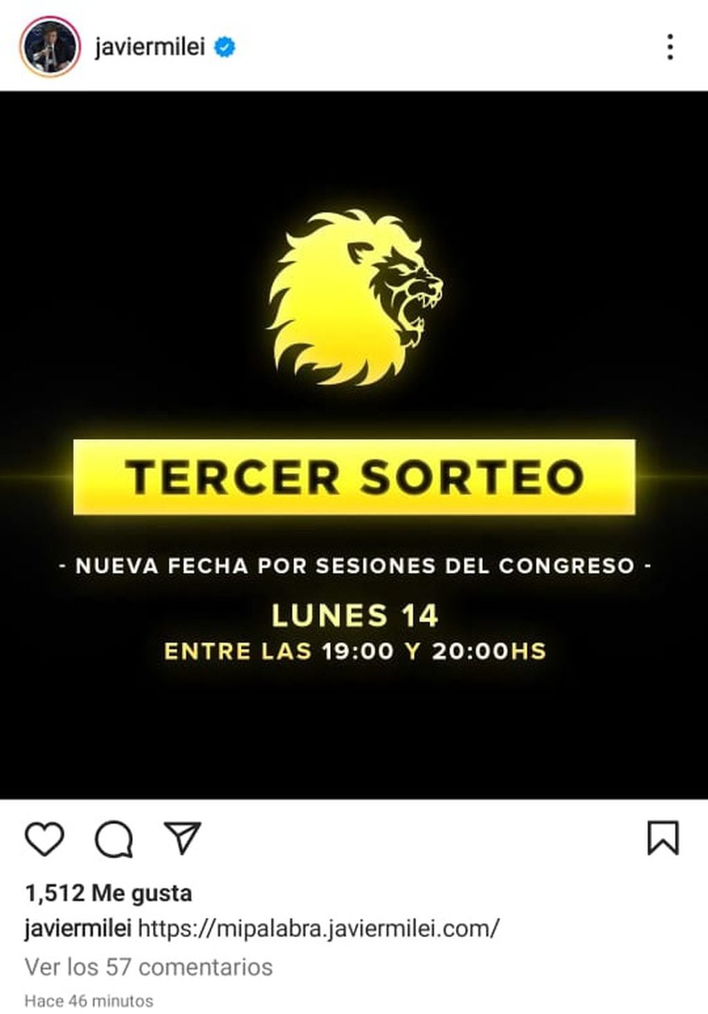 Nueva fecha del sorteo de Javier Milei en marzo de 2022 (Instagram)