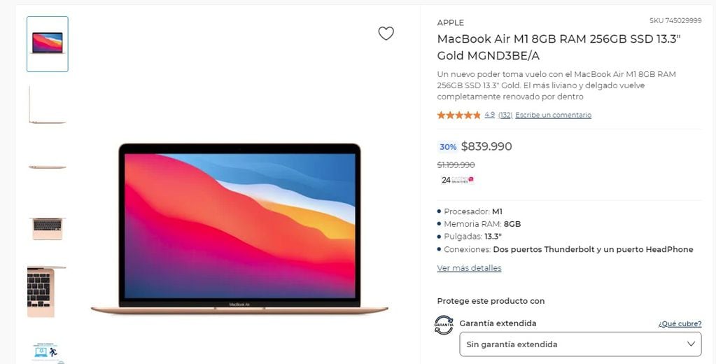 Apple MacBook Air M1 (8 de julio de 2022, París Chile)