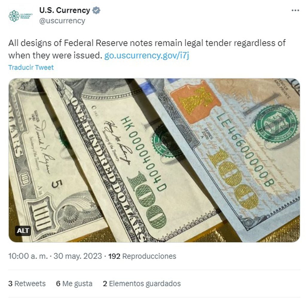 Qué dijo hoy la Reserva Federal de Estados Unidos sobre el valor de los dólares "cara chica" (Captura Twitter)